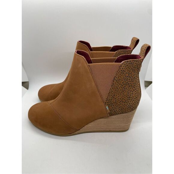 New TOMS Desert Tan Leopard Suede Kelsy Bootie 10014153 Wedge Comfort Sz 10 - Picture 4 of 11